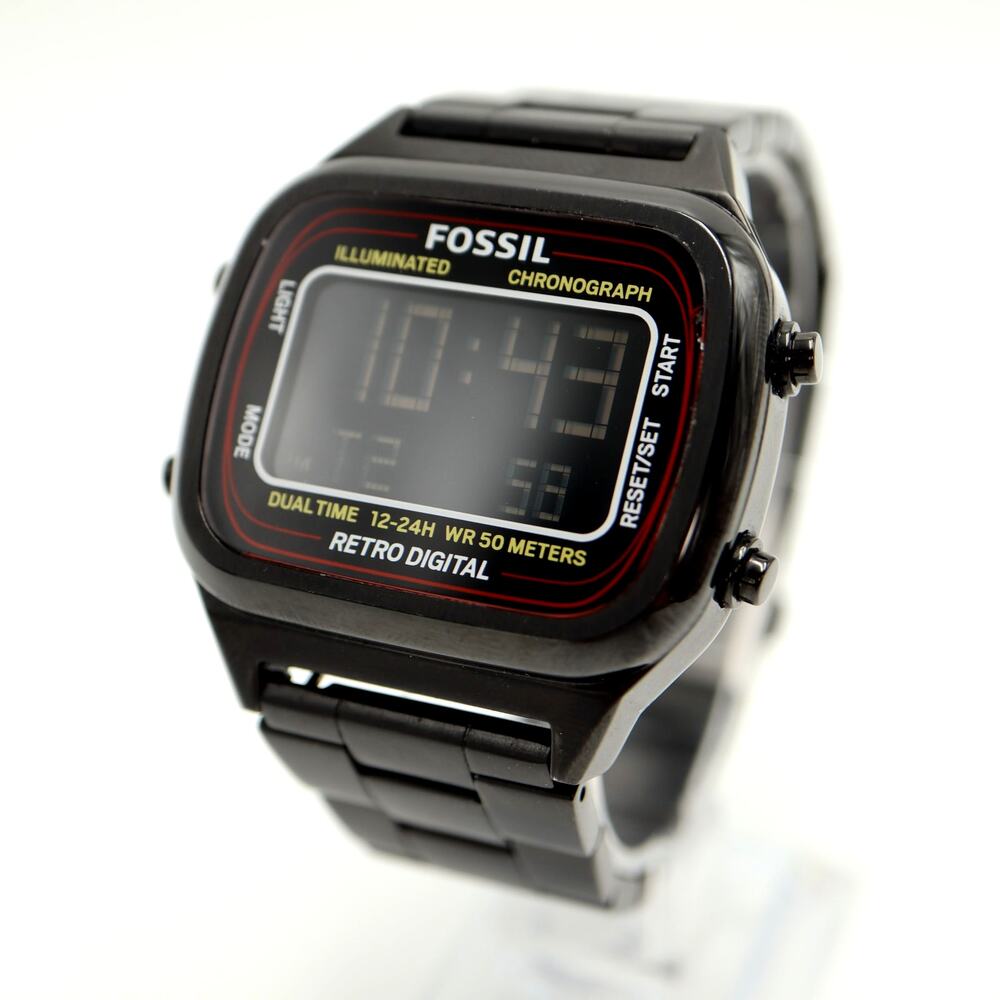 Fossil Retro Digital Black Negative Display 42mm Watch Steel FS5845 New Battery